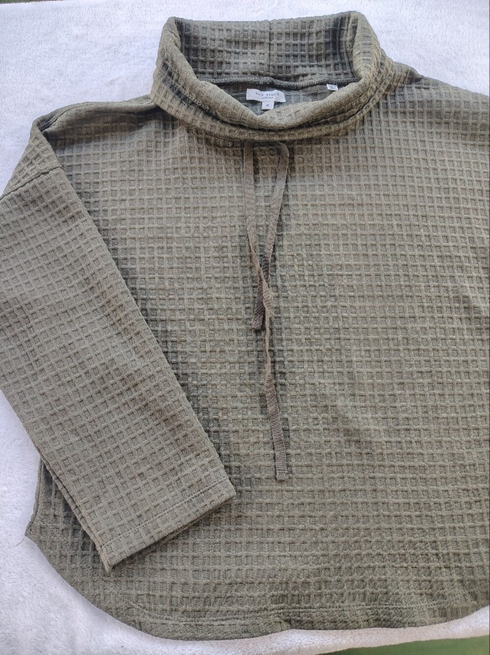 Max Studio Olive Turtleneck Waffle Knit Sweater with Neck Drawstring